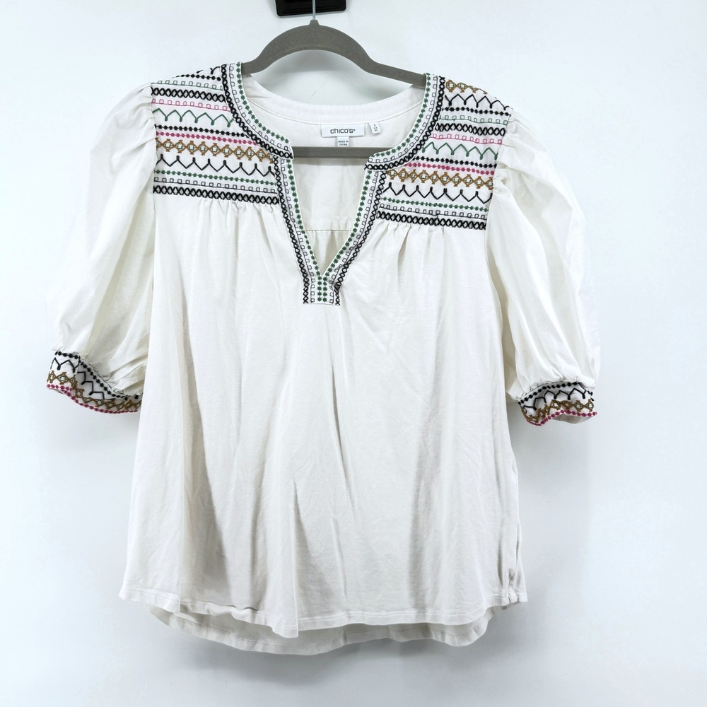 Chico's Blouse Embroidered Puff Sleeve XL White Womens Boho Peasant Top